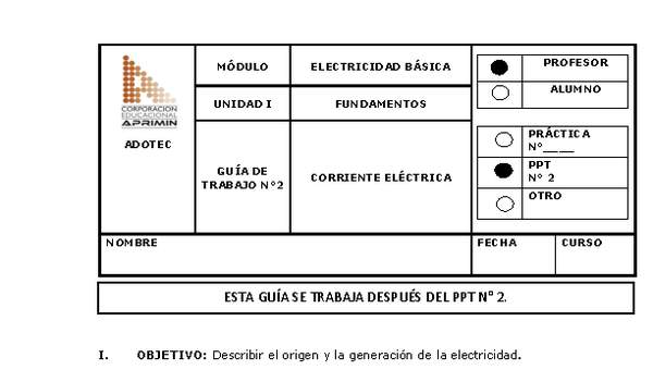 Guía de trabajo del docente Electricidad básica, corriente eléctrica
