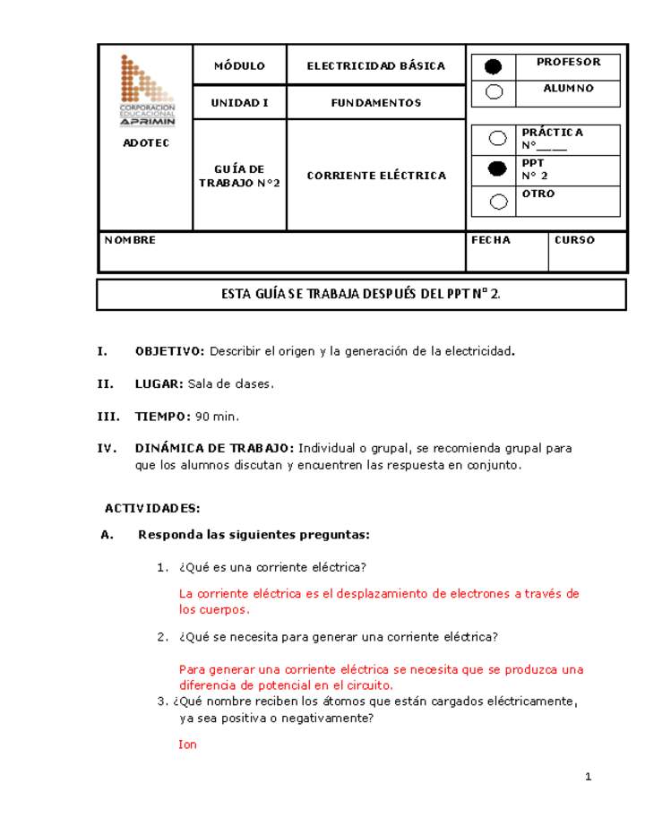 Guía de trabajo del docente Electricidad básica, corriente eléctrica