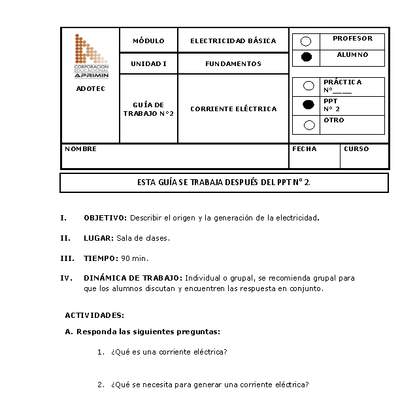 Guía de trabajo del estudiante Electricidad básica, corriente eléctrica