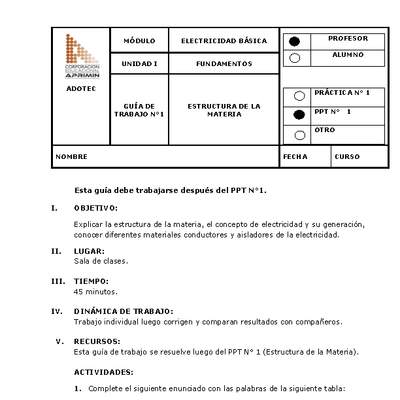 Guía de trabajo del docente Electricidad básica, estructura de la materia