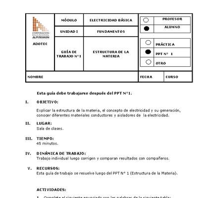 Guía de trabajo del estudiante Electricidad básica, estructura de la materia.