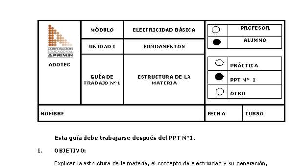 Guía de trabajo del estudiante Electricidad básica, estructura de la materia.
