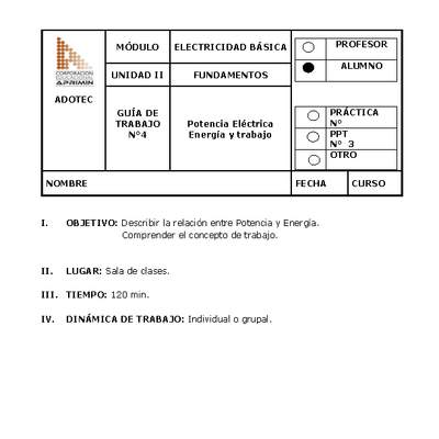 Guía de trabajo del estudiante Electricidad básica, potencia eléctrica, energía y trabajo
