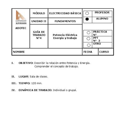 Guía de trabajo del estudiante Electricidad básica, potencia eléctrica, energía y trabajo