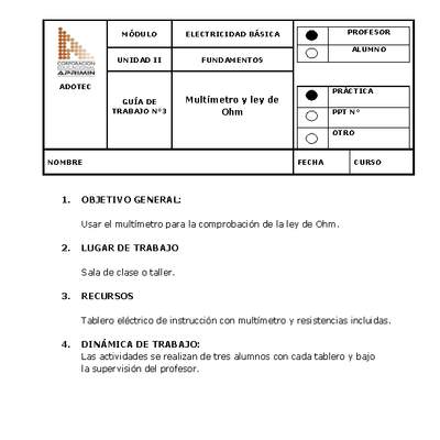 Guía de trabajo del docente Electricidad básica, multímetro y ley de Ohm