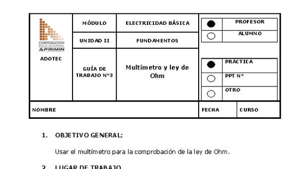 Guía de trabajo del docente Electricidad básica, multímetro y ley de Ohm