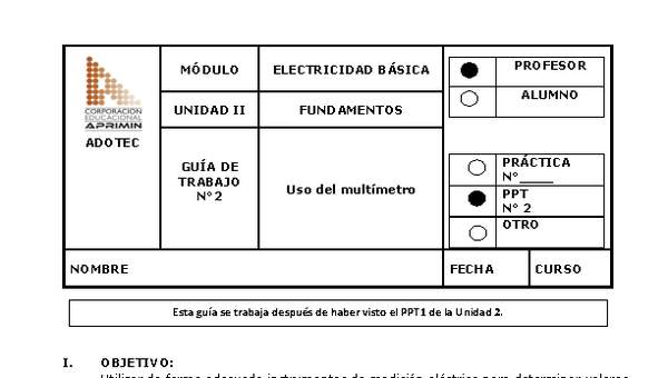 Guía de trabajo del docente Electricidad básica, uso del multímetro