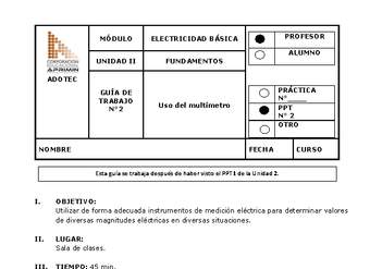 Guía de trabajo del docente Electricidad básica, uso del multímetro