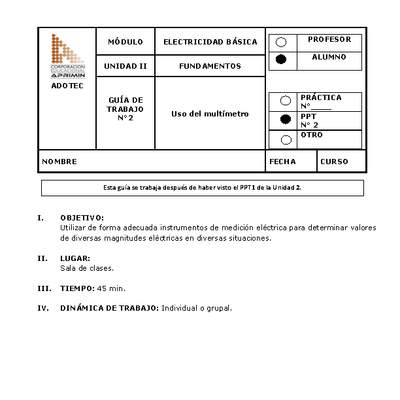 Guía de trabajo del estudiante Electricidad básica, uso del multímetro