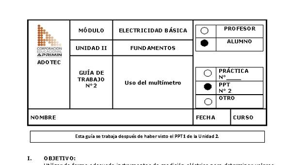 Guía de trabajo del estudiante Electricidad básica, uso del multímetro