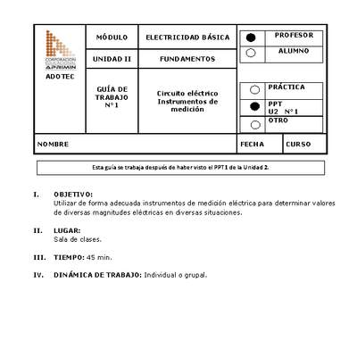 Guía de trabajo del docente electricidad básica, circuito eléctrico e instrumentos de medición.