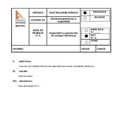 Guía de trabajo del docente Electricidad básica, seguridad y prevención de riesgos eléctricos