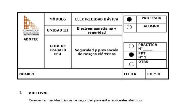 Guía de trabajo del docente Electricidad básica, seguridad y prevención de riesgos eléctricos