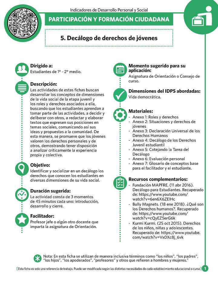 Ficha N° 5: Decálogo de derechos de jóvenes.