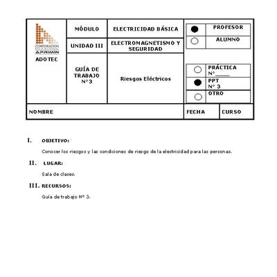 Guía de trabajo del docente Electricidad básica, riesgos eléctricos