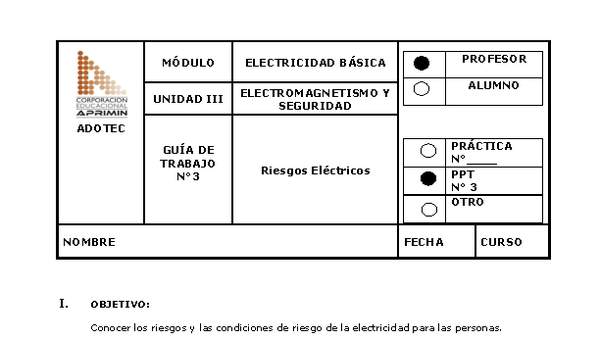 Guía de trabajo del docente Electricidad básica, riesgos eléctricos
