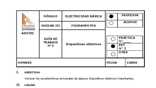 Guía de trabajo del docente Electricidad básica, dispositivos eléctricos