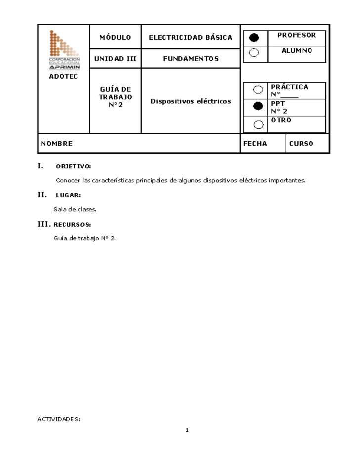 Guía de trabajo del docente Electricidad básica, dispositivos eléctricos