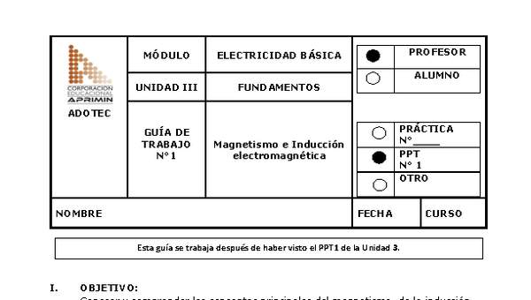 Guía de trabajo del docente Electricidad básica, magnetismo e inducción electromagnética.