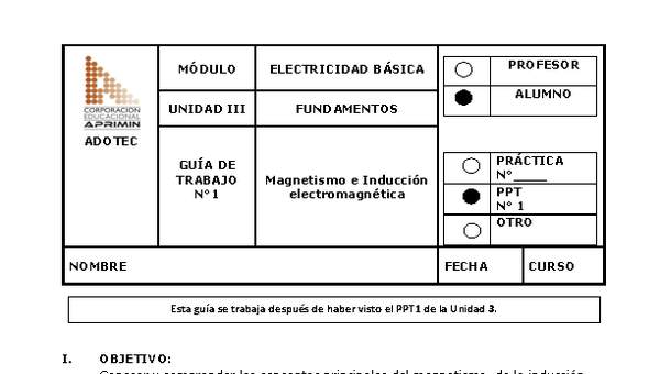 Guía de trabajo del estudiante Electricidad básica, magnetismo e inducción electromagnética.