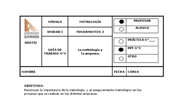 Guía de trabajo del docente Metrología en la empresa