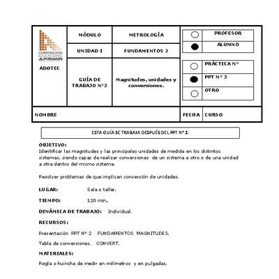 Guía de trabajo del estudiante Metrología magnitudes, unidades y conversiones.