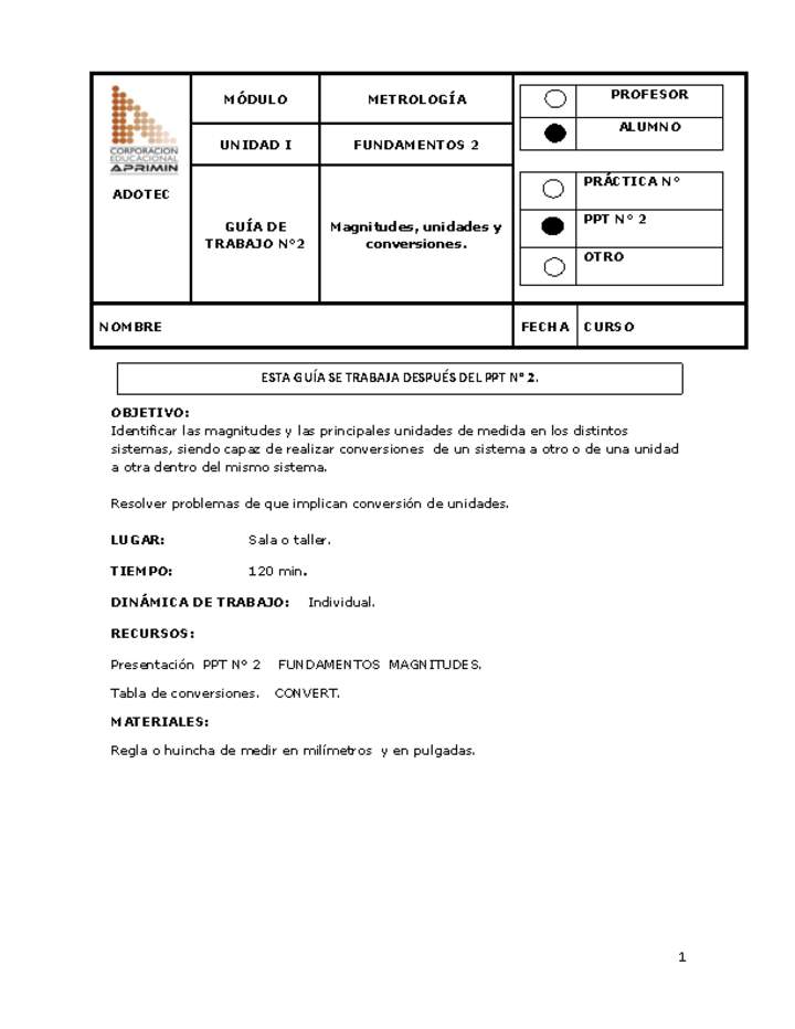 Guía de trabajo del estudiante Metrología magnitudes, unidades y conversiones.