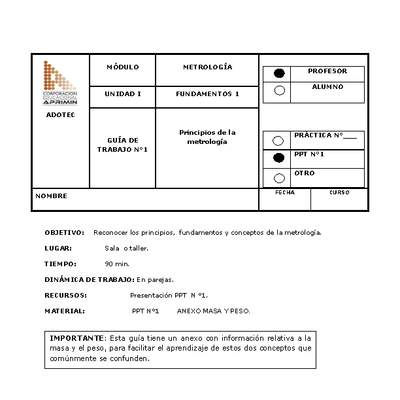 Guía de trabajo del docente Metrología, principios de la metrología