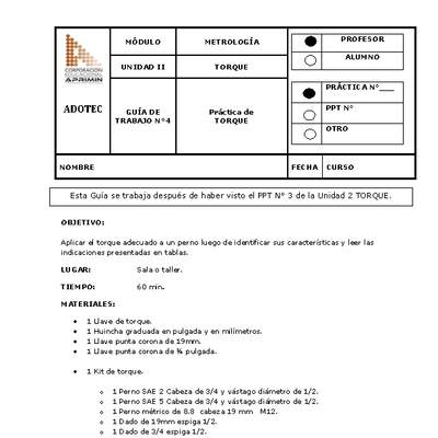 Guía de trabajo del docente Metrología, práctica de torque