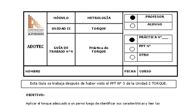 Guía de trabajo del docente Metrología, práctica de torque