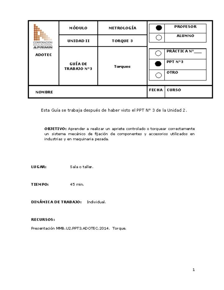 Guía de trabajo del docente Metrología, torques