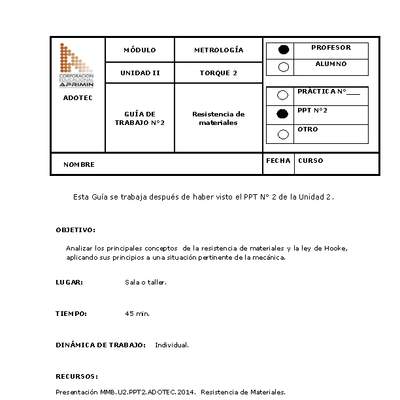 Guía de trabajo del docente Metrología, resistencia de materiales