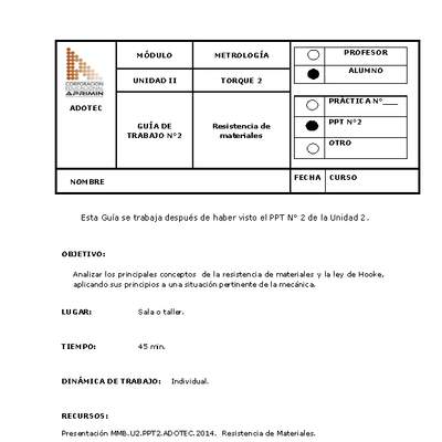 Guía de trabajo del estudiante Metrología, resistencia de materiales