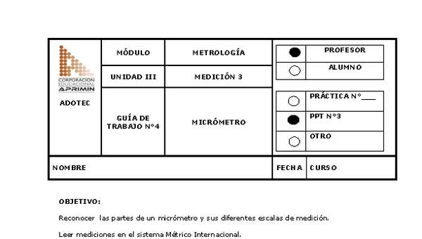 Guía de trabajo del docente Metrología micrómetro