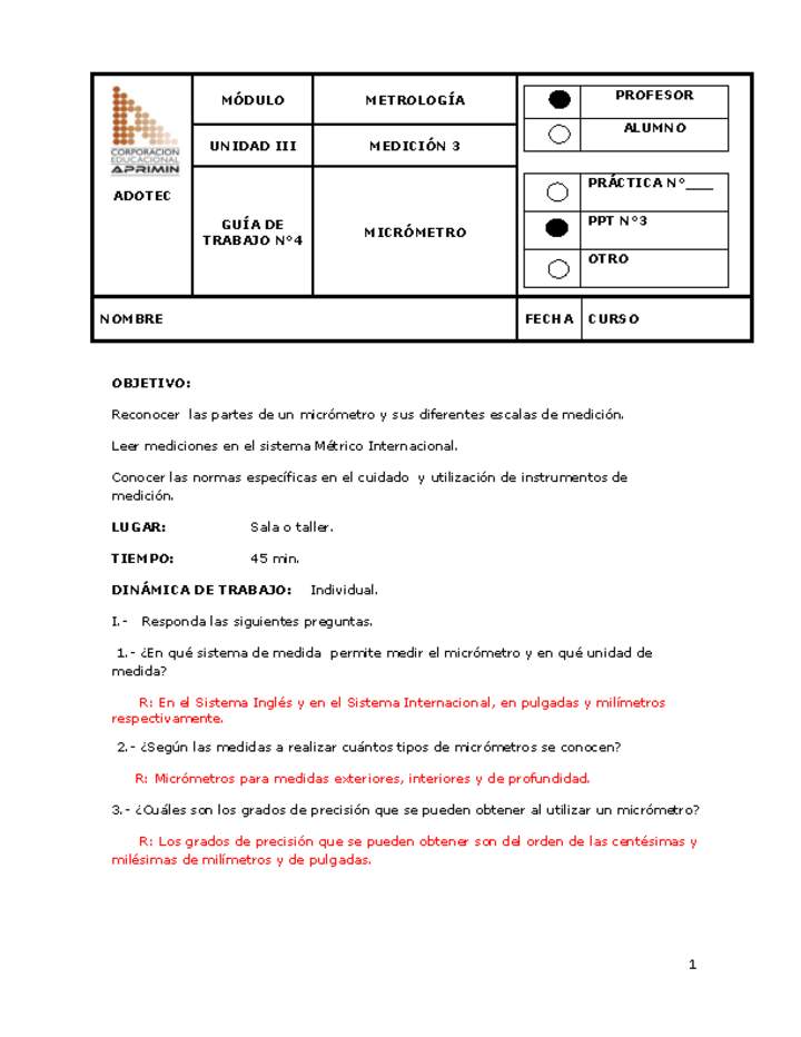 Guía de trabajo del docente Metrología micrómetro