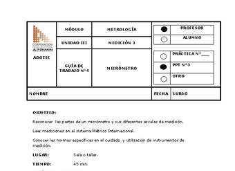 Guía de trabajo del docente Metrología micrómetro