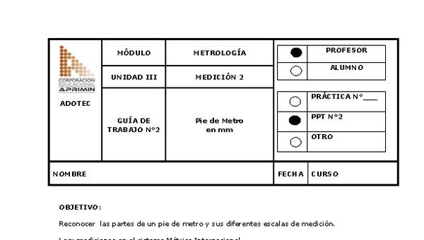 Guía de trabajo del docente Metrología, pie de metro en milímetros