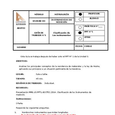 Guía de trabajo del docente Metrología, clasificación de los instrumentos