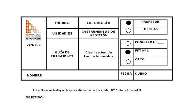 Guía de trabajo del docente Metrología, clasificación de los instrumentos