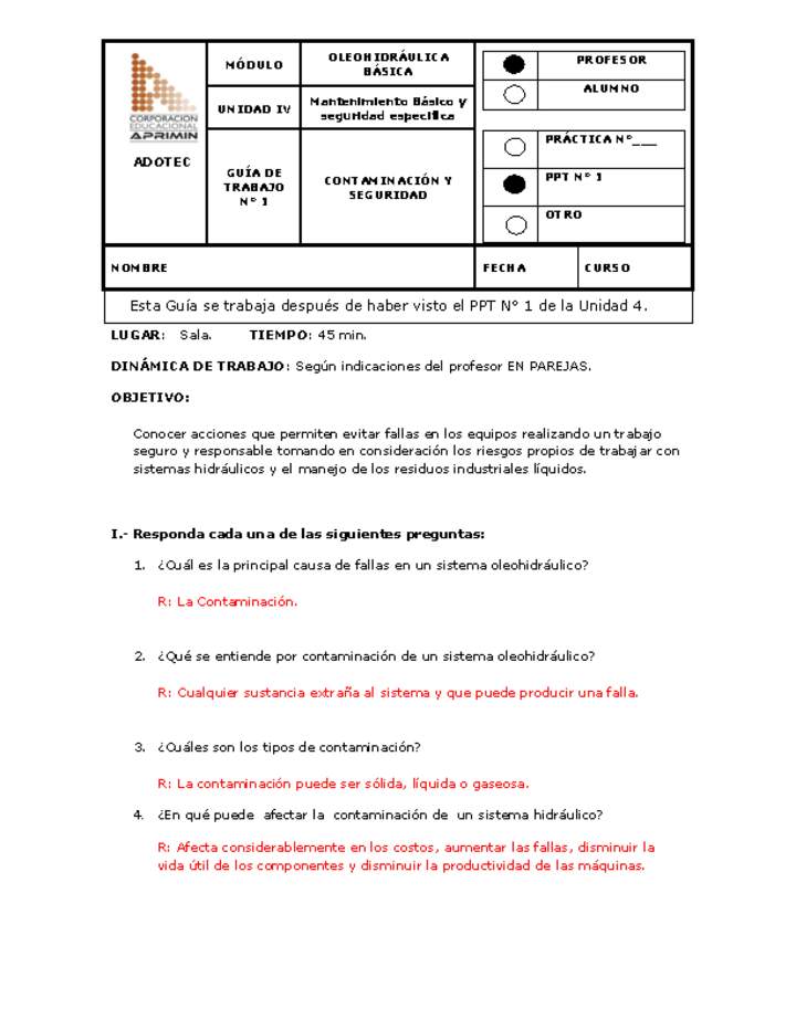 Guía de trabajo del docente Oleo-hidráulica, contaminación y seguridad