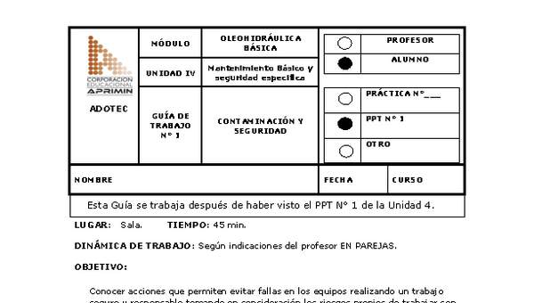 Guía de trabajo del estudiante Oleo-hidráulica, contaminación y seguridad