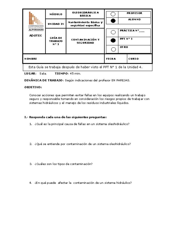 Guía de trabajo del estudiante Oleo-hidráulica, contaminación y seguridad
