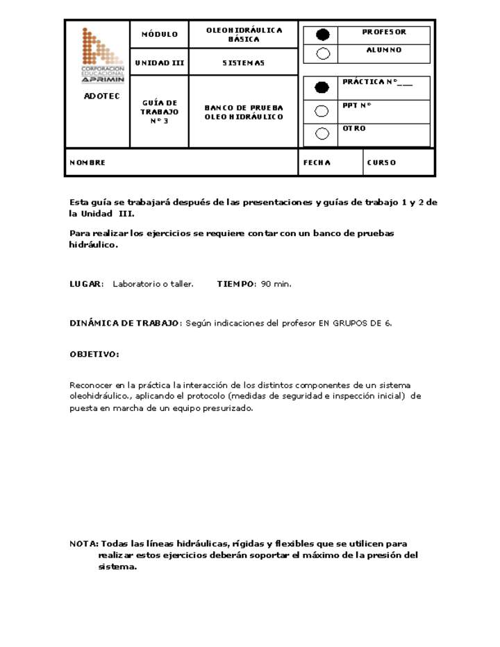 Guía de trabajo del docente Oleo-hidráulica, banco de prueba oleo-hidráulico