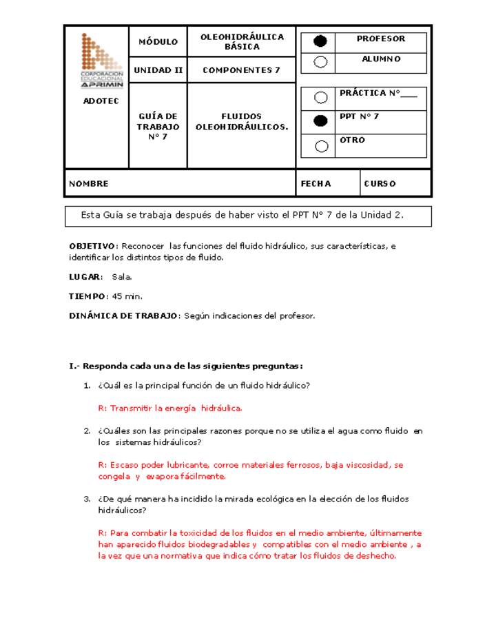 Guía de trabajo del docente Oleo-hidráulica, fluidos hidráulicos