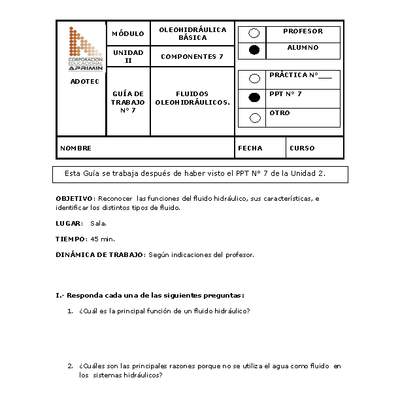 Guía de trabajo del estudiante Oleo-hidráulica, fluidos hidráulicos