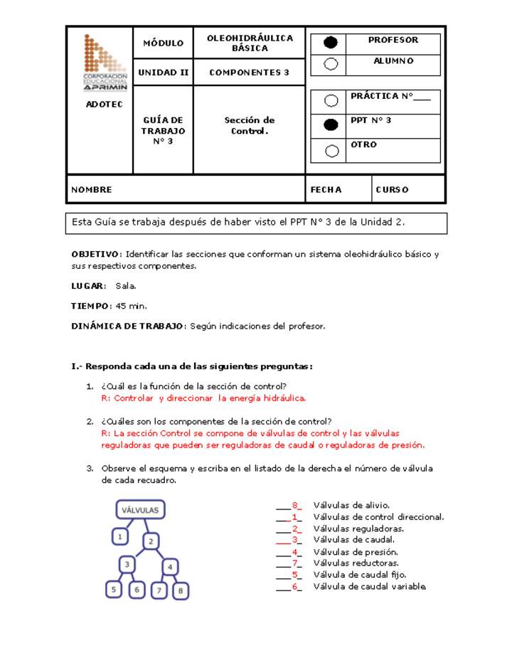 Guía de trabajo del docente Oleo-hidráulica, sección de control.