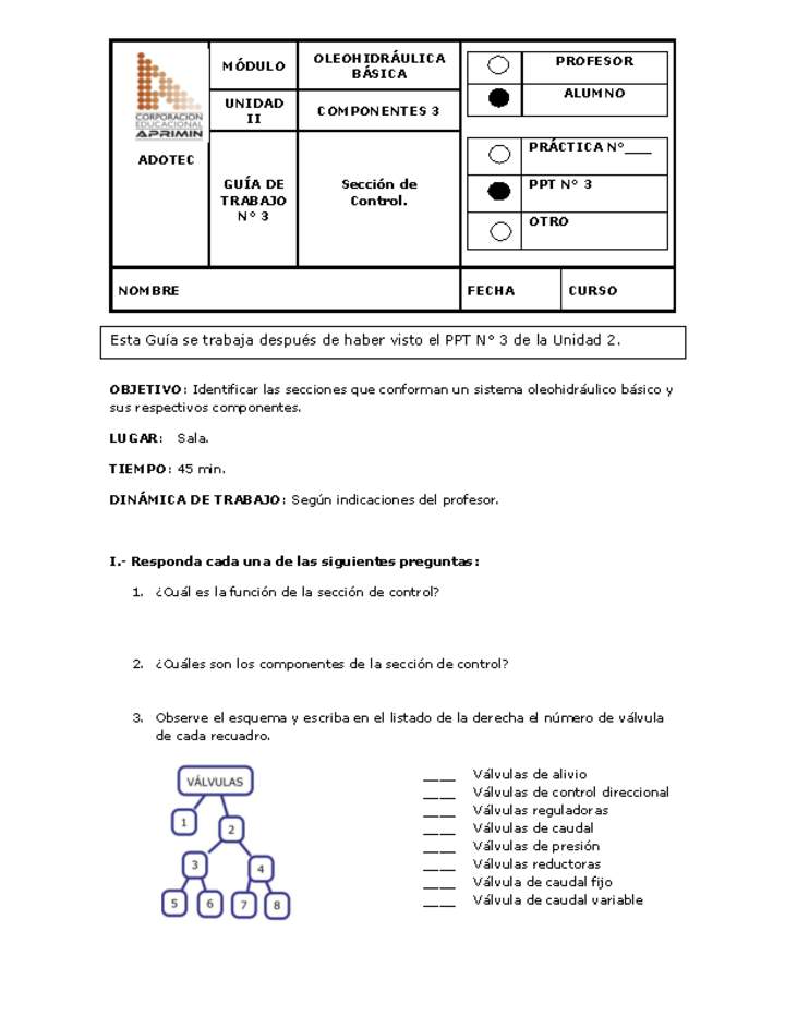 Guía de trabajo del estudiante Oleo-hidráulica, sección de control.