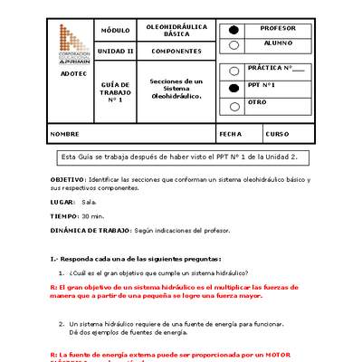 Guía de trabajo del docente Oleo-hidráulica, secciones de un sistema oleo-hidráulico.