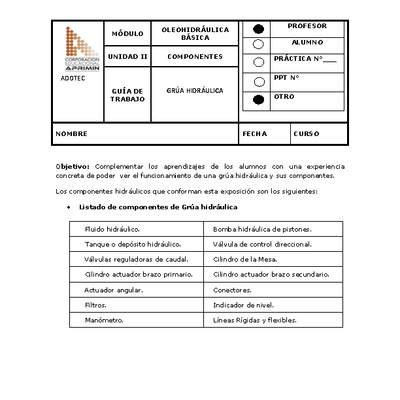 Guía de trabajo del docente Oleo-hidráulica, grúa hidráulica.