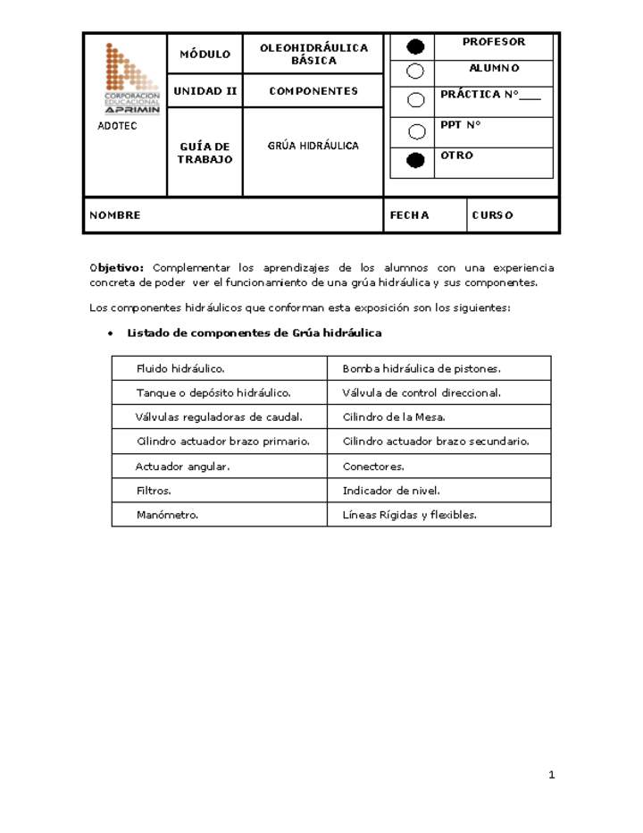 Guía de trabajo del docente Oleo-hidráulica, grúa hidráulica.